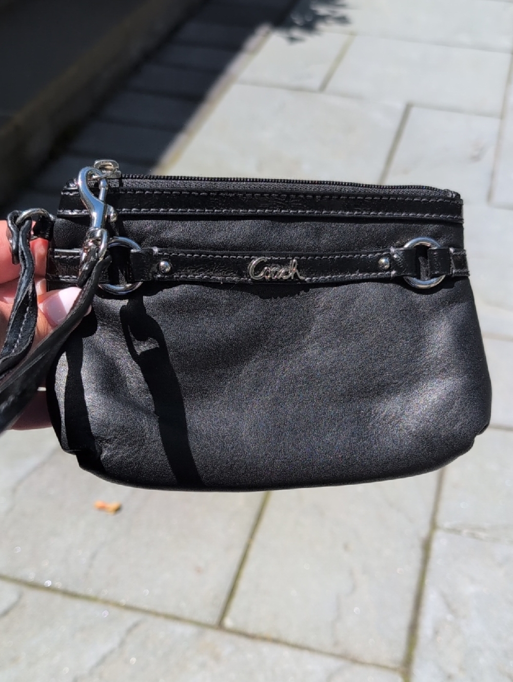 Coach Black Leather Wristlet Clutch with Silver Hardware